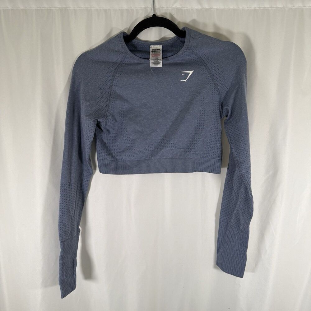 Gymshark Crop Top Women's Medium Blue Long Sleeve Crew Neck Compression Thumb Ho